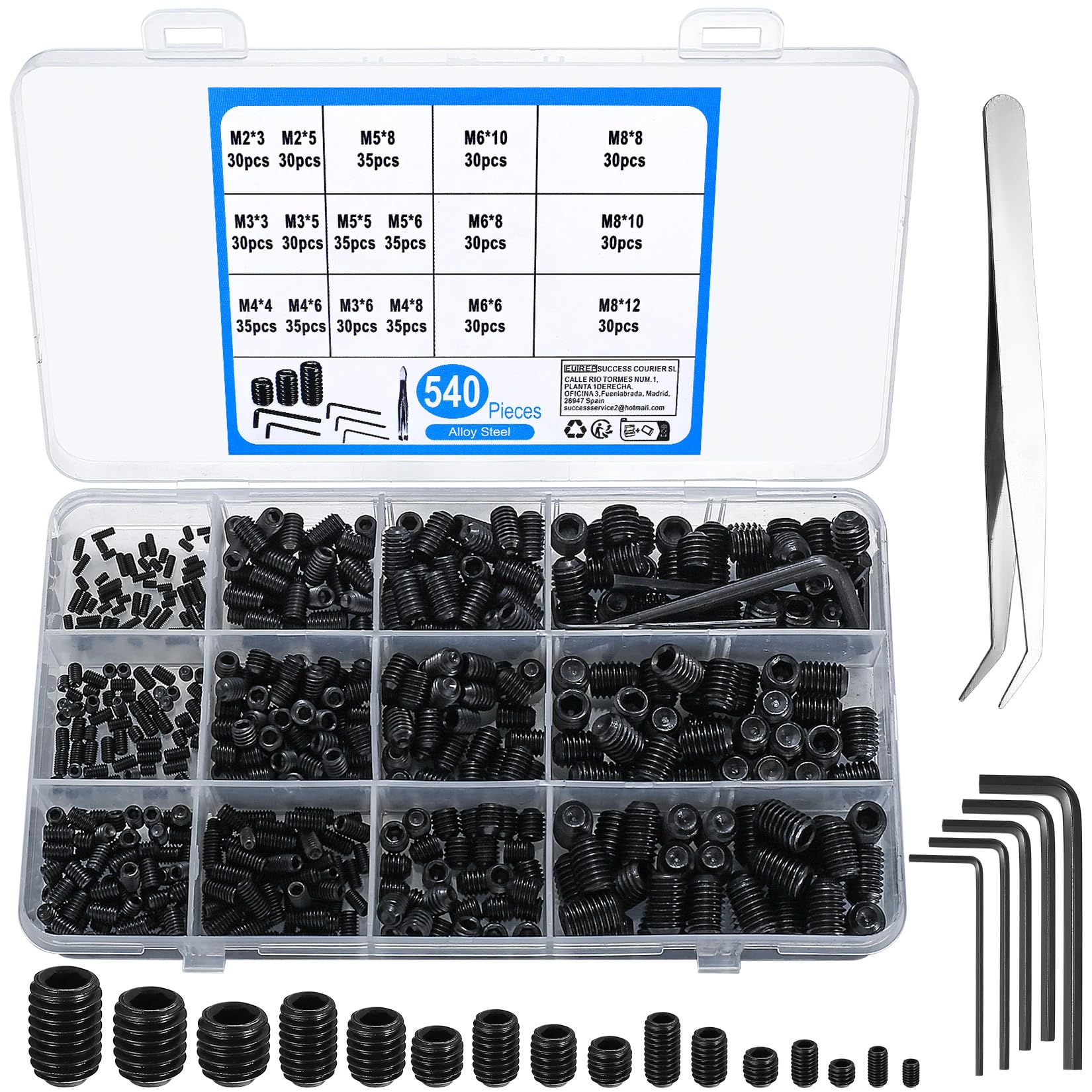540 Pcs Grub Screw Assortment Set, Hex Socket Head Set Screws, alloy steel Threaded Fasteners for Door Handles, Lights, M2/M3/M4/M5/M6/M8