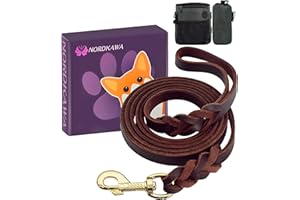 NORDKAWA Leather Dog Leash 6FT * 3/4"- Braided Dog Training Leash, Heavy Duty Dog Leashes, Soft Leather Leash with Dog Treat Training Pouch, Dog Leash Large Dogs for Large Medium Small Dogs Training