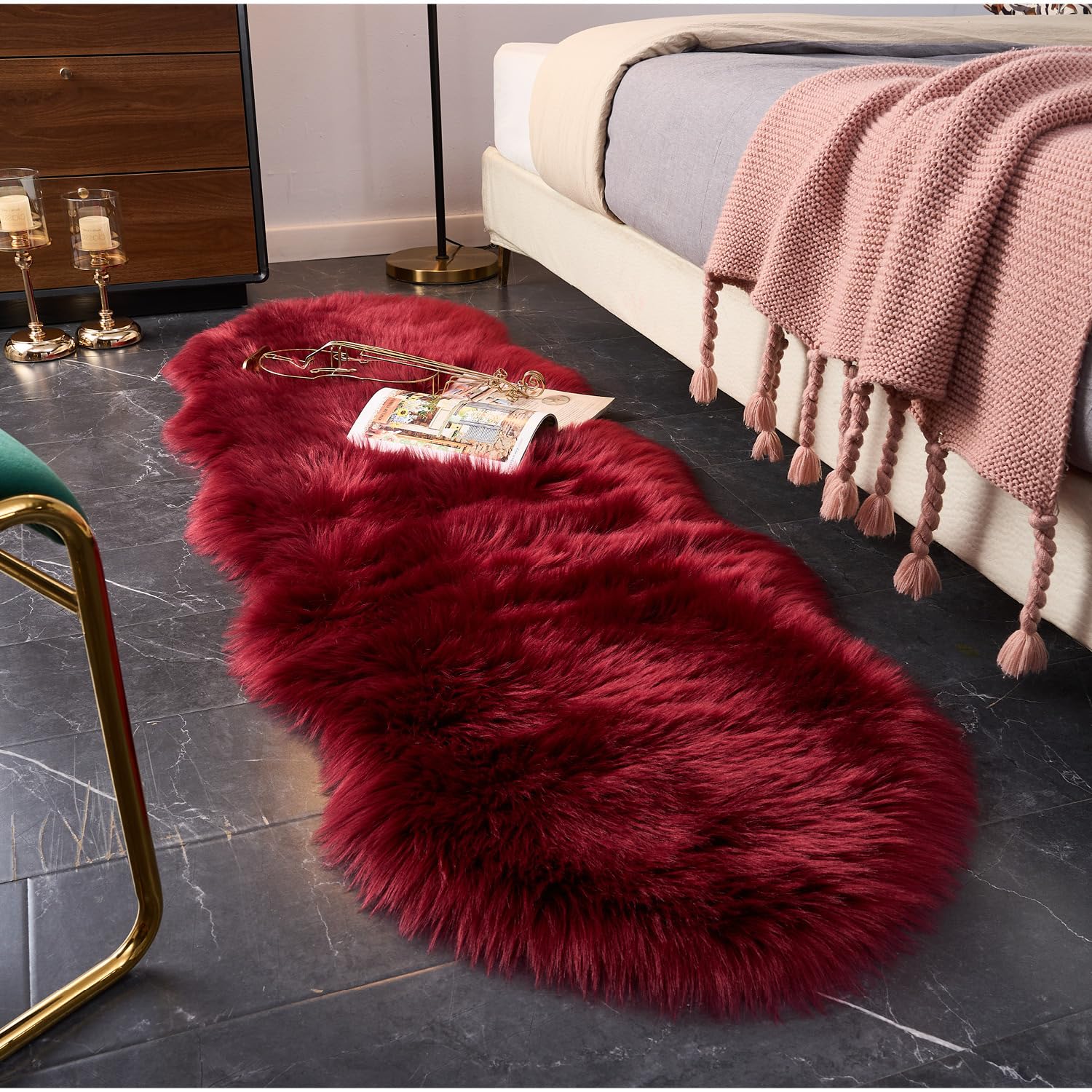 Photo 1 of EasyJoy Ultra Soft Fluffy Shaggy Area Rug Faux Fur Rug Chair Cover Seat Pad Fuzzy Area Rug for Bedroom Floor Sofa Living Room (2 x 6 ft Sheepskin, Burgundy)