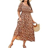 RWJ Women's 2026 Plus Size Summer Dress Short Sleeve Smocked Boho Wedding Guest Beach Vacation Floral Maxi Dresses