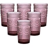 ZMOWIPDL Vintage Glassware Drinking Glasses Set of 6,13 oz Purple Textured Flower Design Glass Water Tumblers，Embossed Striped Drinkware for Water,Cocktails,Juice,Iced Coffee