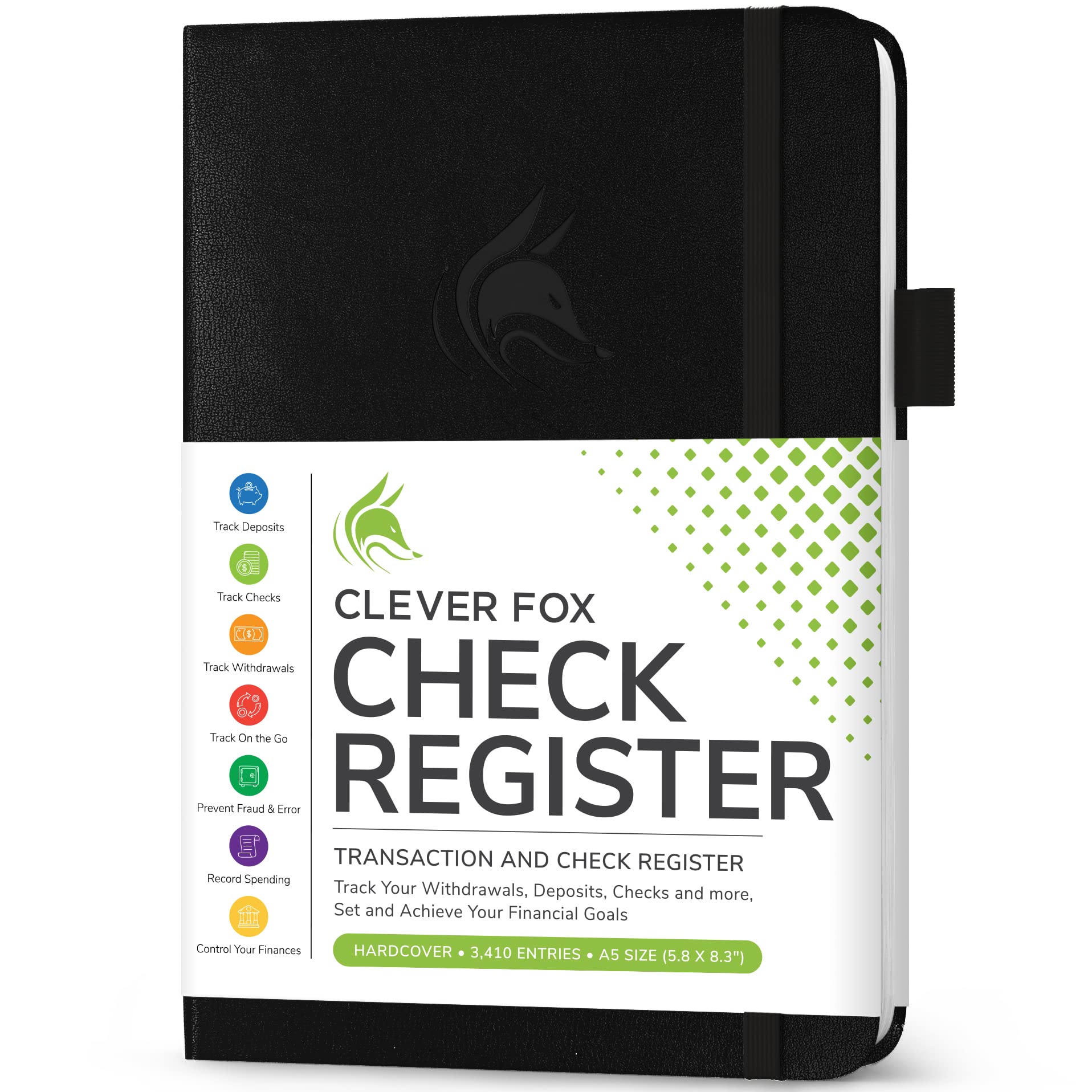 Clever Fox Check Register – Deluxe Checkbook Log with Check & Transaction Registers, Bank Account Register Booklets for Personal and Work Use, A5-Sized Hardcover, Black