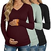 Velvelhall 3 Pack Women's Maternity Shirts Fleece Long Sleeve V Neck Ribbed Pregnancy Tops Slim Fit Base Layer Mama Clothes