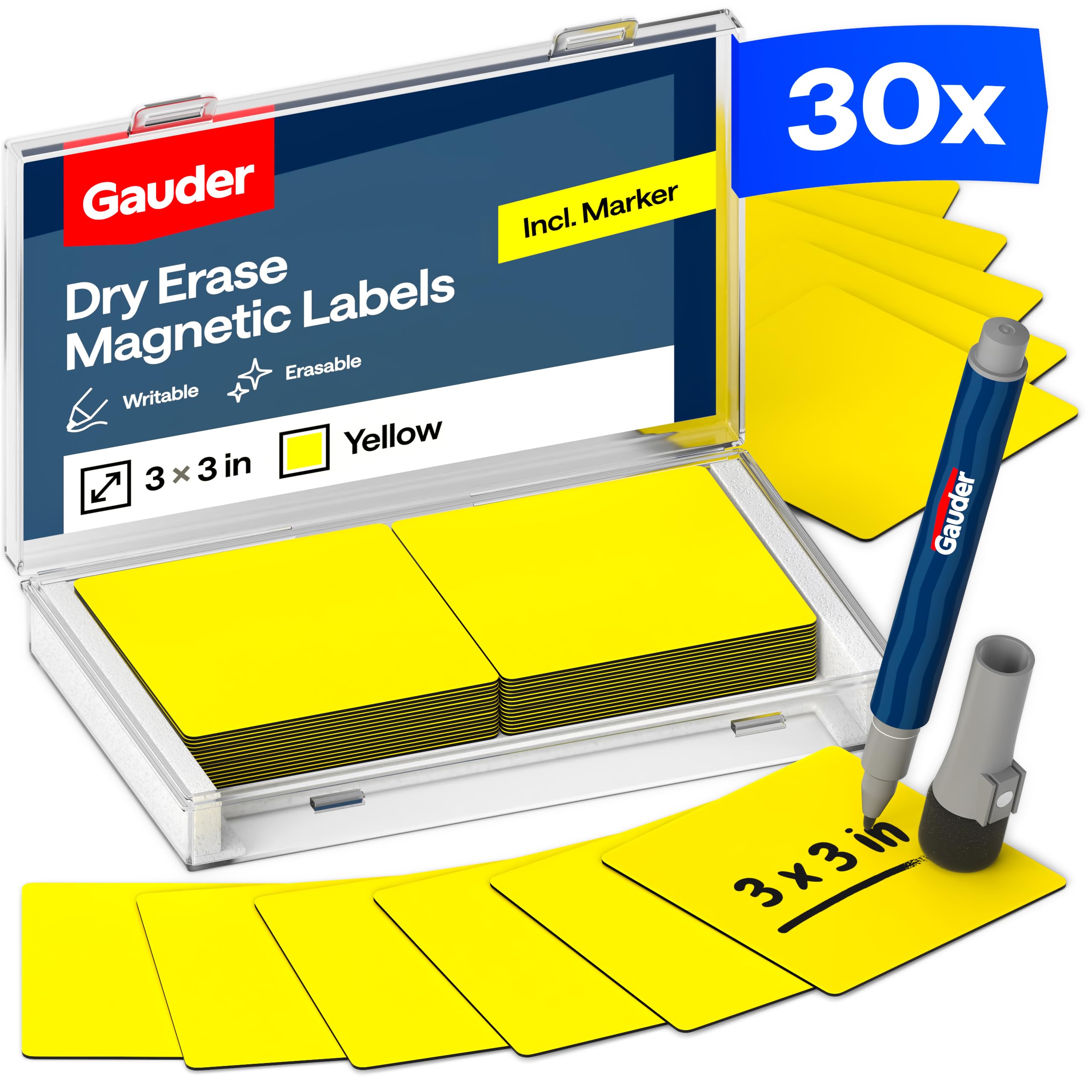 GAUDER Magnetic Labels Writable - Reusable Magnetic Tags for Whiteboard, Blackboard, Kanban Board and Fridge - Magnet Cards with Marker (30 Pieces - 75 x 75 mm)