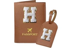 COSHAYSOO Brown Initial Passport Cover Holder and Luggage Tag Set TSA Approved with Letter Name Patch for Women Teenage, Travel Passport Book Vaccine Card Combo Bag Suitcase Identifier (H)