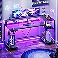 SEDETA Gaming Desk 55'' with LED Lights and Storage Shelves, Computer Desk with Monitor Stand, Power Outlets and Cup Holder, Large PC Gamer Desk, Gaming Table for Bedroom, Living Room, Black