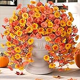 Ivydale 2 PCS Artificial Fall Hanging Flowers Fake Petunias Outdoor, Silk Faux Morning Glory Flowers with Eucalyptus,UV Resistant Realistic Mums Plants for Home Garden Decor (Fall Orange+Yellow)