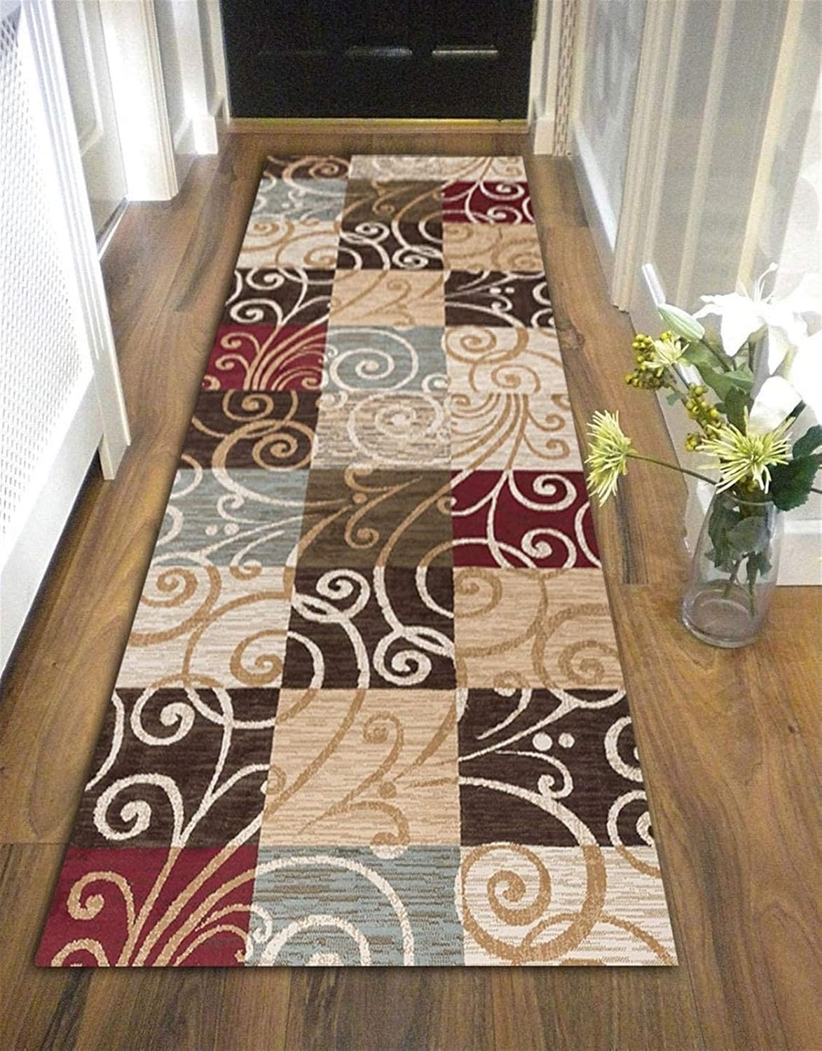 MXDZZ Hallway Runner Rug Red Khaki Vintage Floral