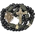 Nazareth Store Antique Bronze Metal Rugged Durable Paracord Rosary Necklace Black Matte Prayer Beads with Saint Medal and Crucifix