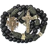 Nazareth Store Antique Bronze Metal Rugged Durable Paracord Rosary Necklace Black Matte Prayer Beads with Saint Medal and Crucifix