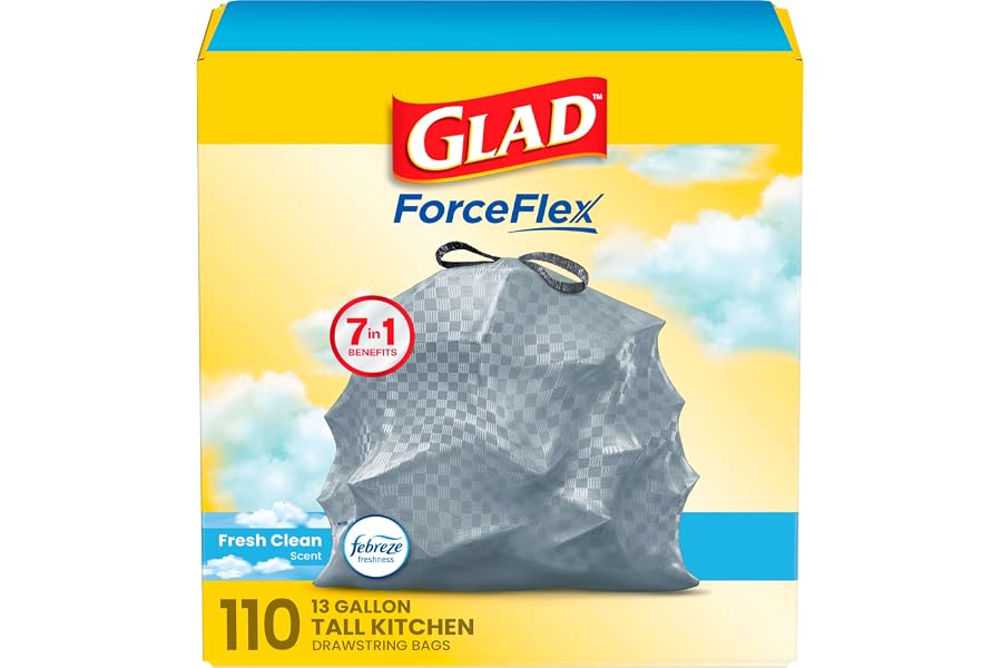 Glad Tall Kitchen Drawstring Trash Bags - Odorshield 13 Gallon White Trash Bag, Febreze Fresh Clean, 110 Count