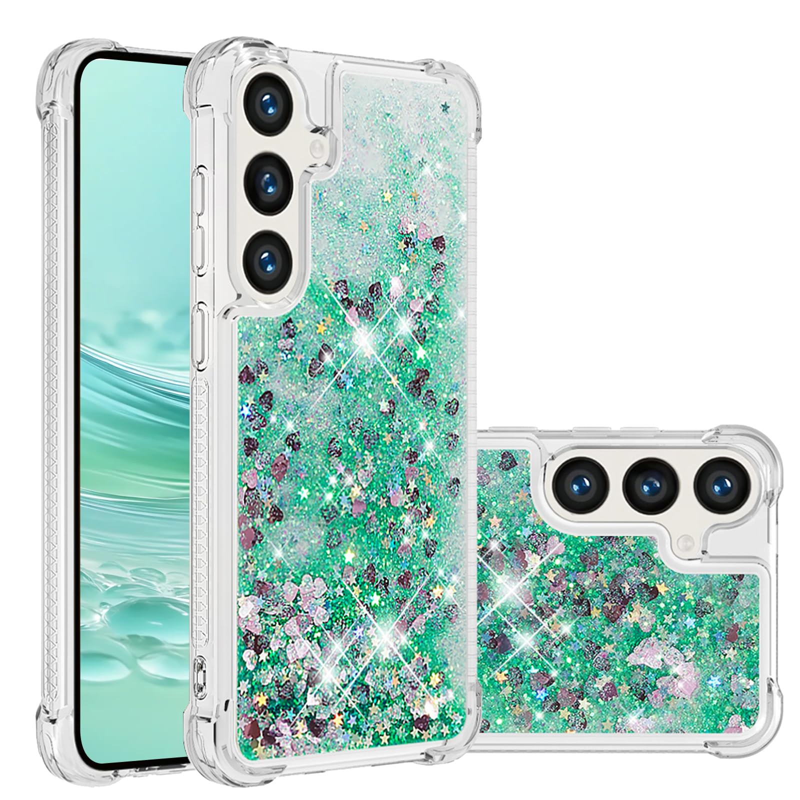LEMAXELERS Glitter Case for Samsung Galaxy S26+ Plus, Flowing Liquid Quicksand Clear Sparkly Bling Soft TPU Protective Case for Women Girls Cover for Samsung Galaxy S26 Plus. YBL Love Green