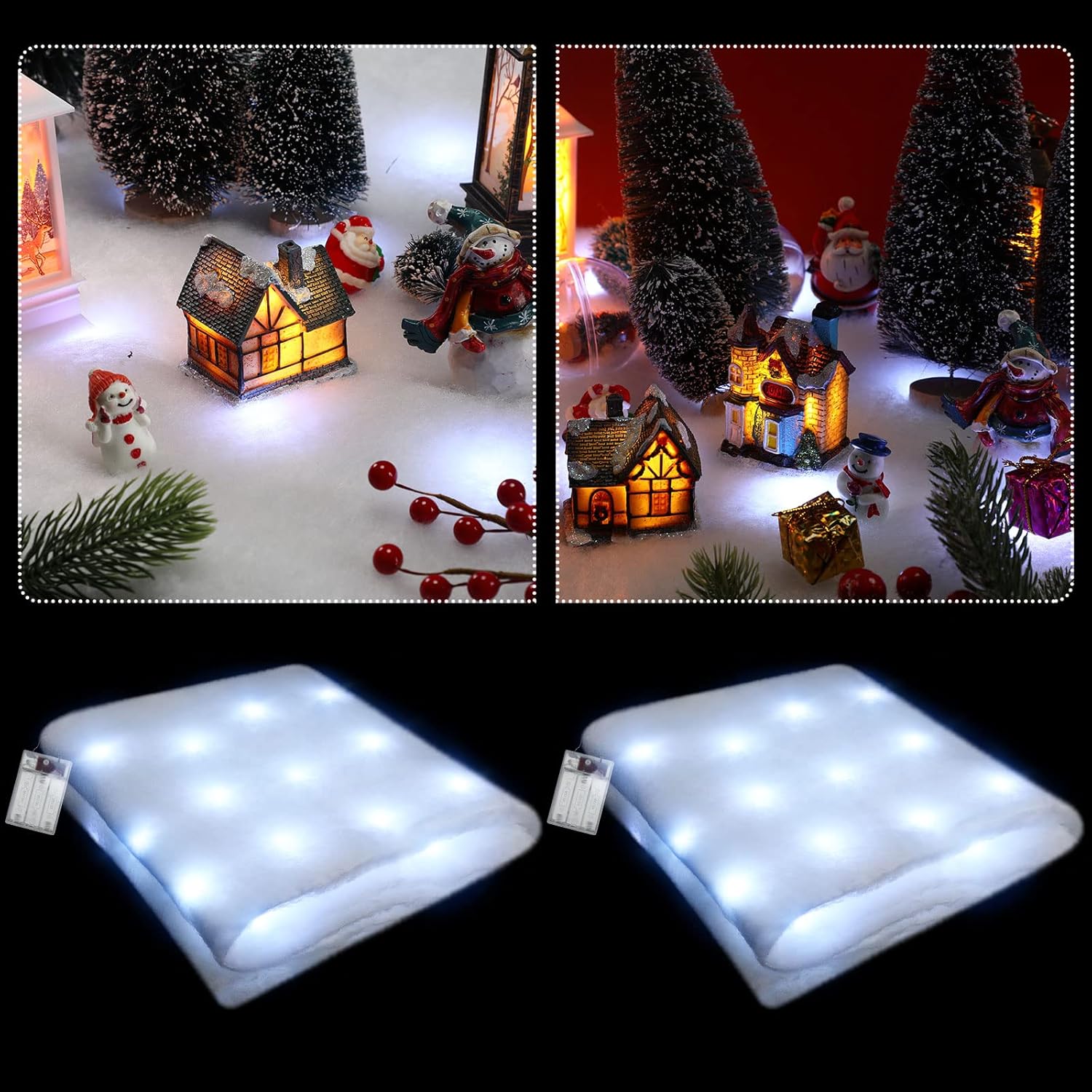 Artificial Snow - 2 Pcs Christmas Snow Blanket with LED Lights Lighted Snow Table Runner Christmas Table Runner Fake Snow Decoration Illuminated Blanket of Artificial Snow 59 x 16 Inch for Village Display (White)