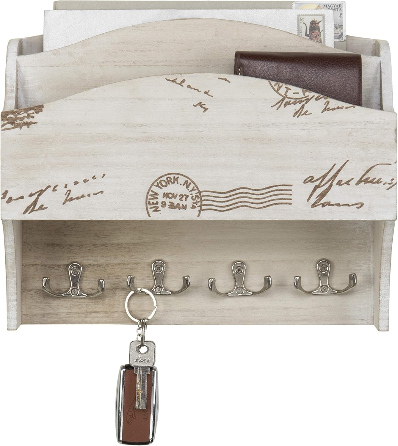 MyGift 2-Pocket Wall Mounted Shabby Beige Wood Mail Sorter with Key Hooks : Office Products