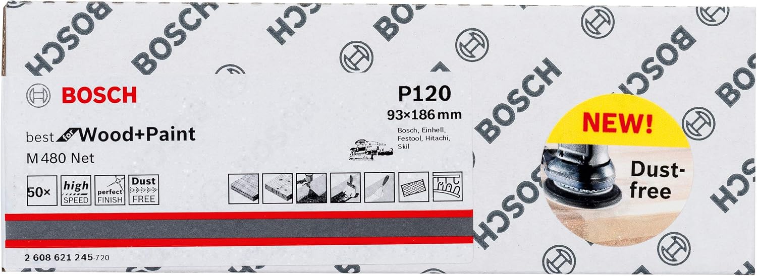 Bosch Professional Set of 50 Sanding Sheets M480 Best for Wood and Paint (Wood and Paint, 93 x 186 mm, grit G120