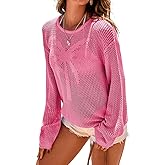 Dokotoo Womens Fashion 2026 Summer Crochet Hollow Out Long Sleeve Sweaters Casual Crewneck Pullover Shirt Beach Coverup