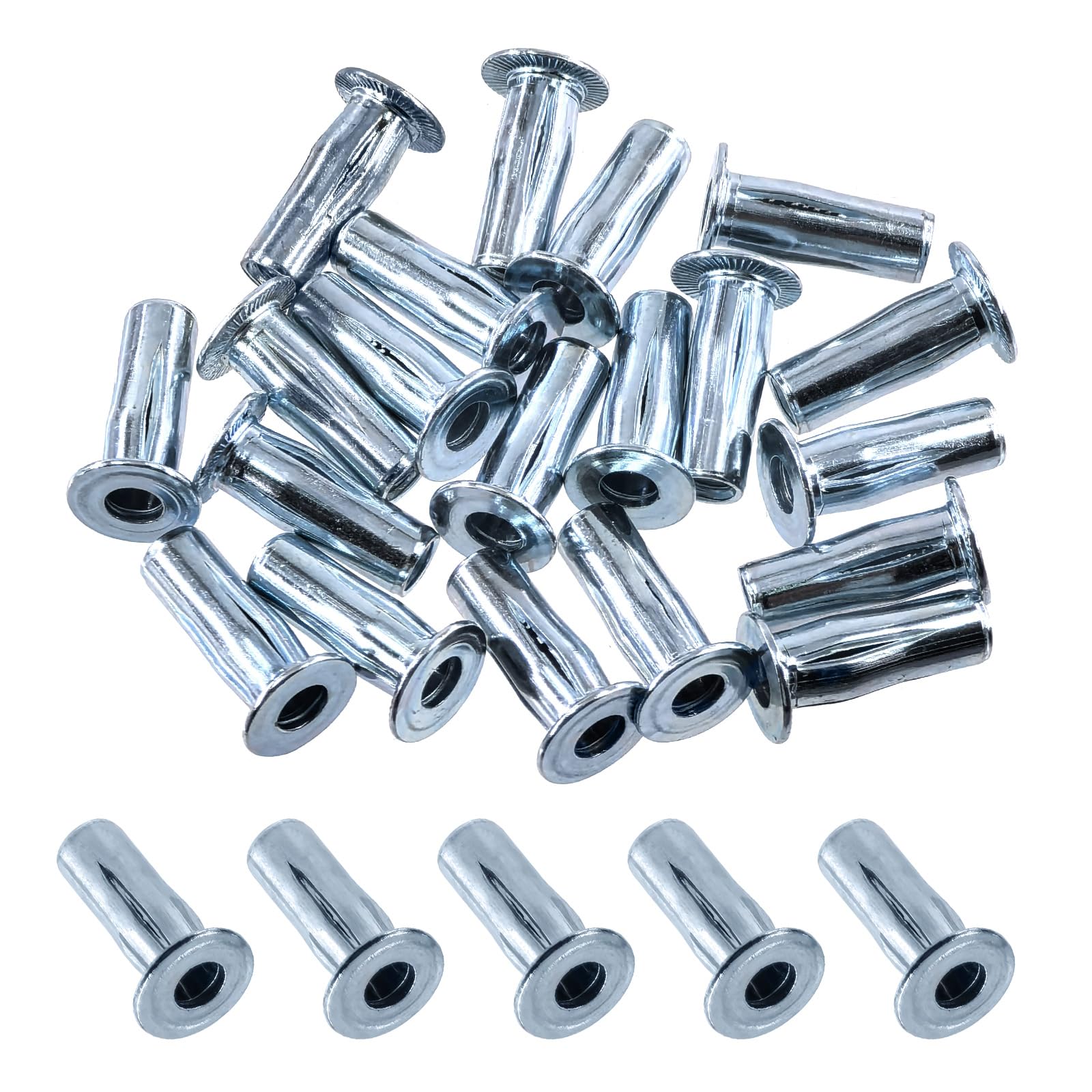 Keadic 20Pcs M6 Multi-Grip Rivet-Nut Pre Bulbed Threaded Inserts, Zinc Plated Flat Head Slotted Nutsert Fasteners for Construction Industrial