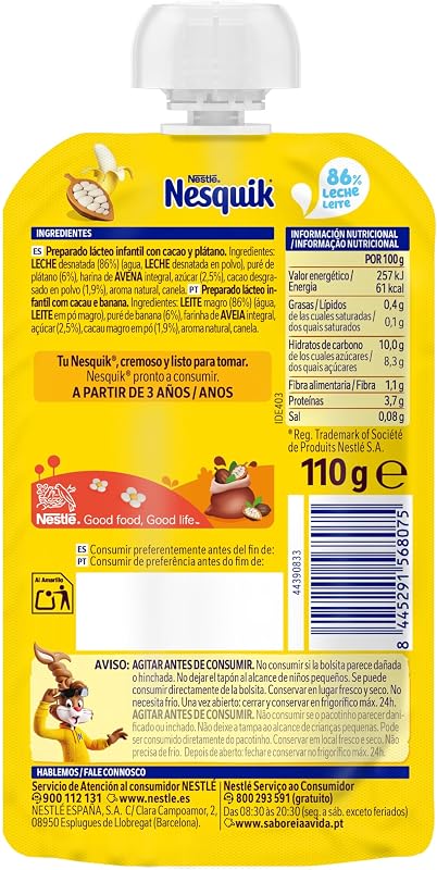 NESTLÉ NESQUIK Saco de Banana Cacau, para crianças a partir dos 3 anos, saco de 110g