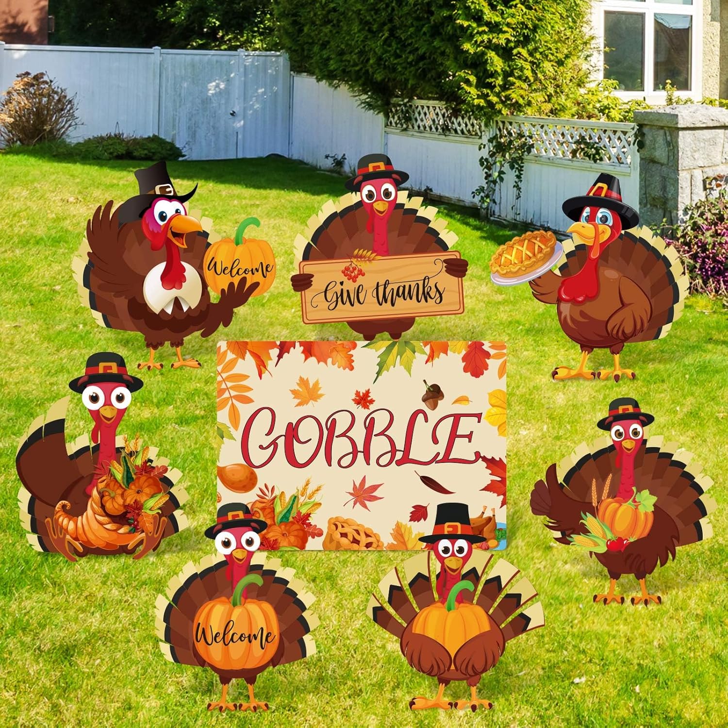 Yard Signs - Whaline 8Pcs Thanksgiving Gobble Turkey Yard Signs with 16Pcs Stakes Give Thanks Outdoor Lawn Decorations Signs Waterproof Turkey Pumpkin Decor for Fall Autumn Thanksgiving Turkey Party Supplies