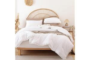 YIRDDEO White Comforter Set King 3pcs Boho Ball Pom Pom Bedding, Aesthetic White Comforter King Size Bed Set Beige White Bedding Set for Women Men (1 Comforter 2 Pillowcases)