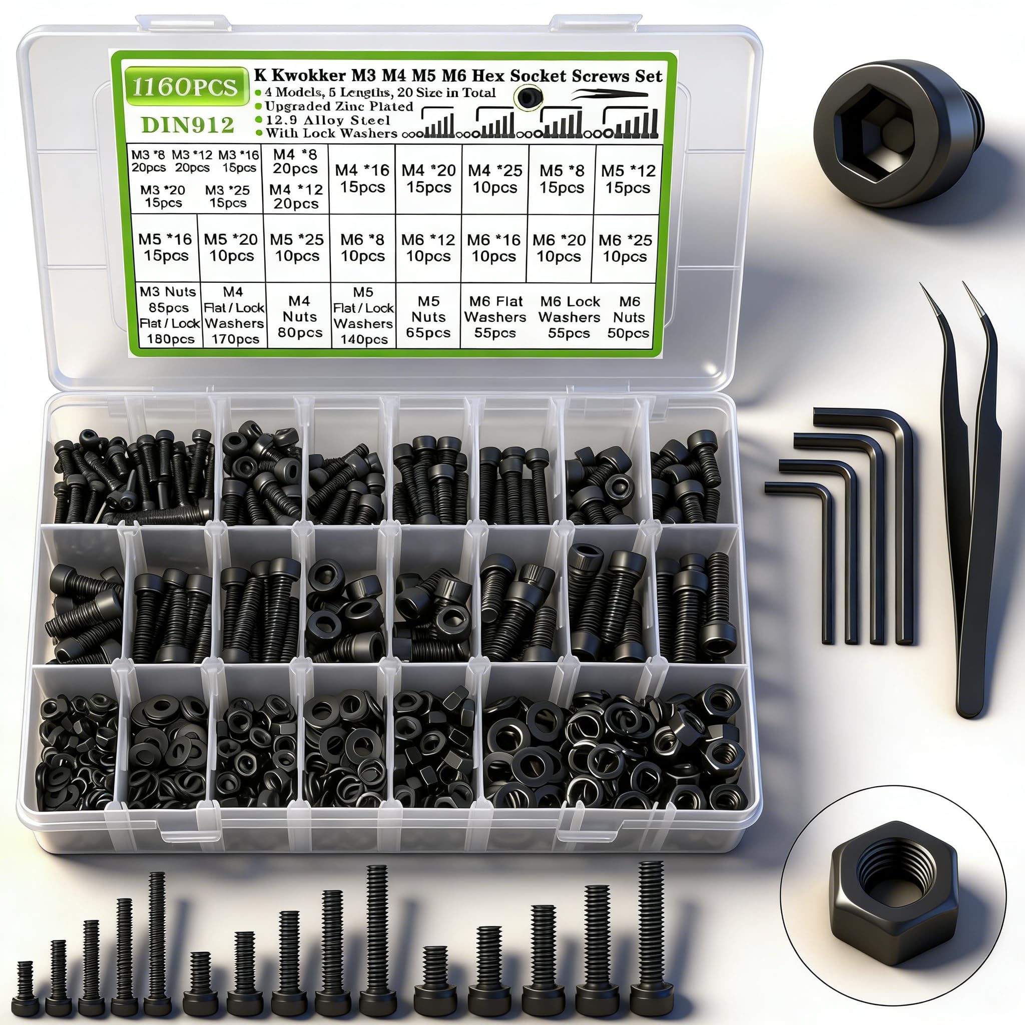 Hexagon Socket Head Cap Screws M3 M4 M5 M6, 1165PCS Hex Bolts And Nuts Set Hex Socket Screws Assortment Kit Grade 12.9 Alloy Steel Machine Screw Bolts and Nuts for DIY Bicycle Motorcycle Repair