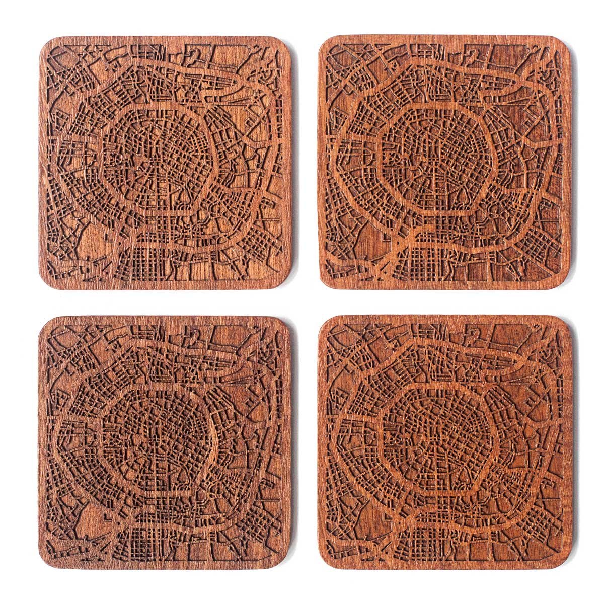 Chengdu Map Coaster by O3 Design Studio, Set of 4, Sapele Wooden Coaster with City map, Multiple City Optional, Handmade