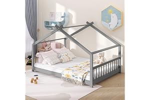 Harper & Bright Designs Kids House Beds Full, Wooden Montessori Bed, Kids Full House Bed with Headboard & Footboard, Full Bed Frame for Kids Boys Girls Teens, No Box Spring Need (Full, Gray)
