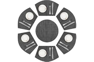 SHACOS Round Table Placemats Set of 7 Wedge Shaped Place Mat with Centerpiece Round Mat Heat Resistant Table Mats Washable (7, Black Gray)