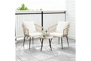 PORWEY 3 Piece Patio Bistro Set, Outdoor Wicker Furniture with Comfortable Cushions, Glass Top Table & 2 Rattan Chairs for Balcony, Apartment, Backyard, Porch, Deck, Beige