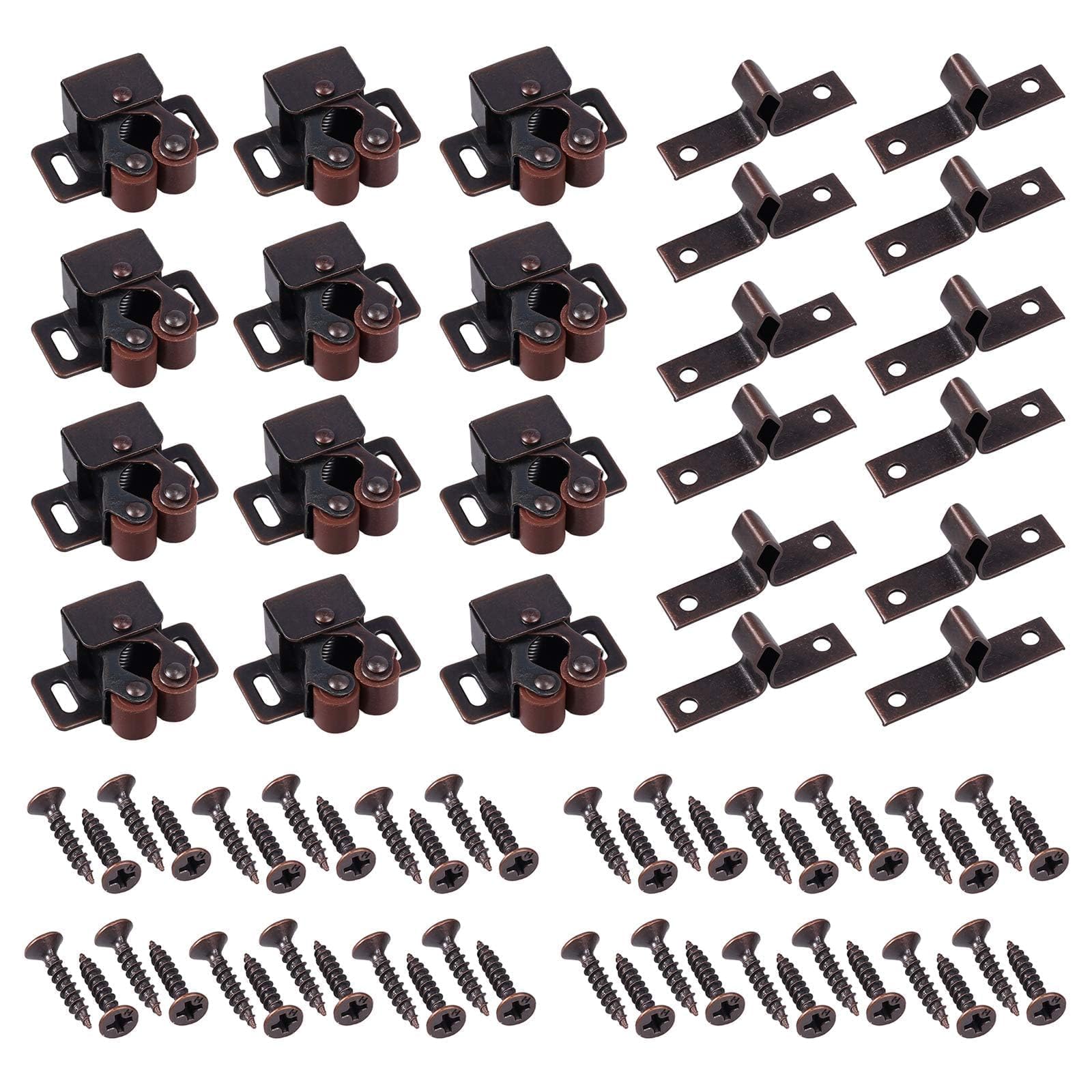 Justech 12 PCS Double Roller Catch Brown Antique Copper Catch Cupboard Door Catches Latches with Installation Screws for Cabinet Drawer Closet