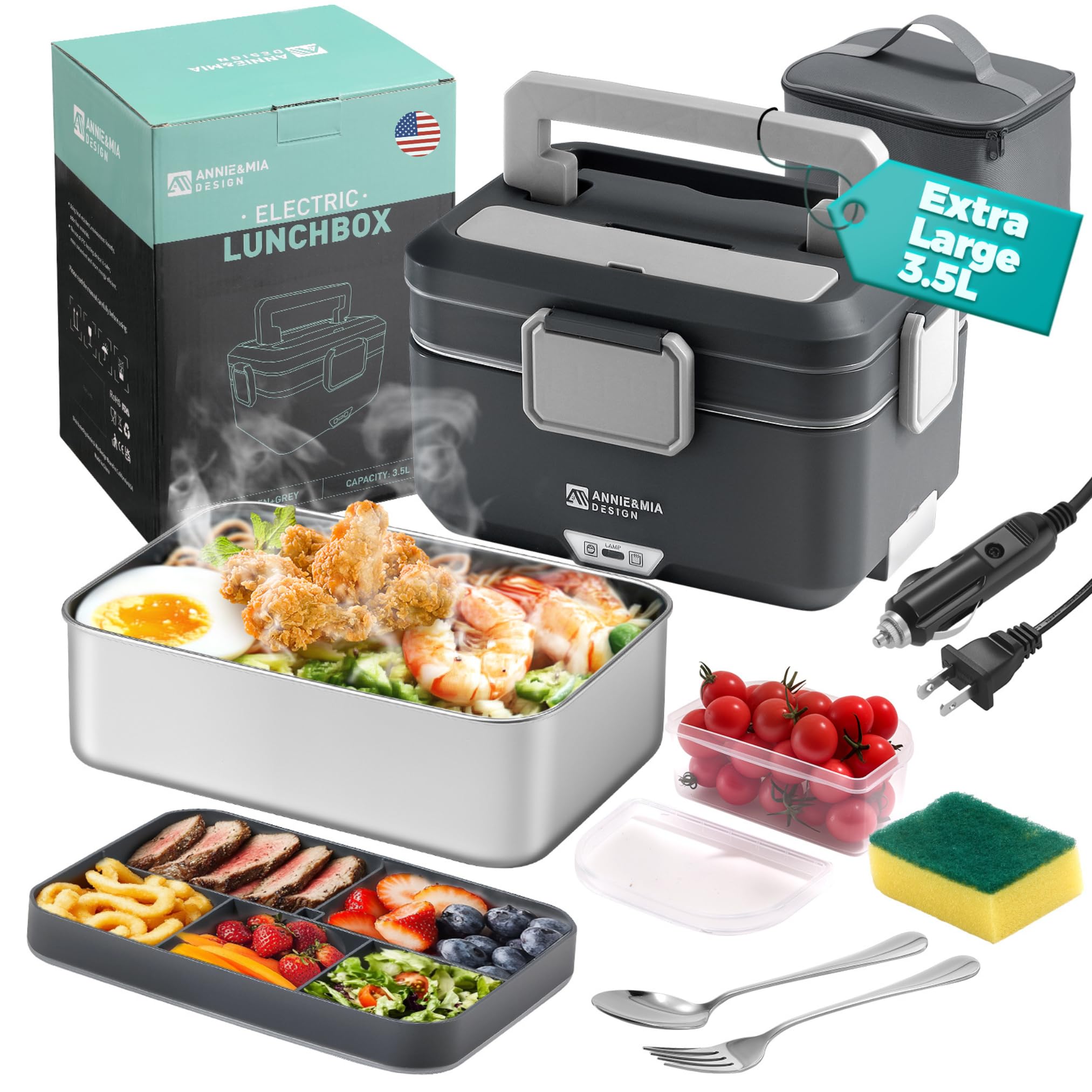 Photo 1 of Annie & Mia Design Electric Lunch Box for Adults, 90w 3.5L 2-Layer Portable Food Warmer, Dual Mode 2.5L + 1L Heated Lunch Box for Adults, Home/Car/Office/Truck Use, Lonchera Eléctrica Portátil