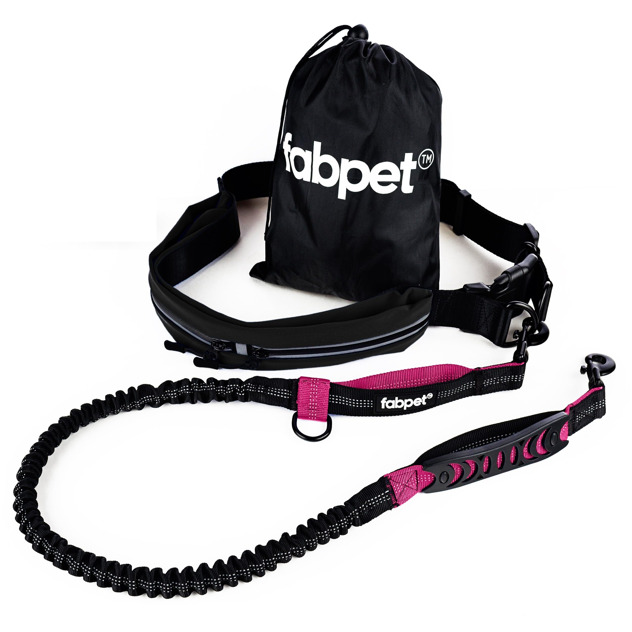 Fabpet Hands Free Dog Lead for Running, Walking and Jogging - Strong Dual D-ring Design up to 60kg, Adjustable Waist Belt with Integrated Pouch for Medium & Large Dogs