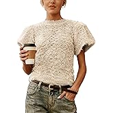 Ziqoty Women's Fuzzy Knit Puff Sleeve Sweater Crew Neck Short Sleeve Cropped Pullover Top Casual Vintage Inspired Outfits