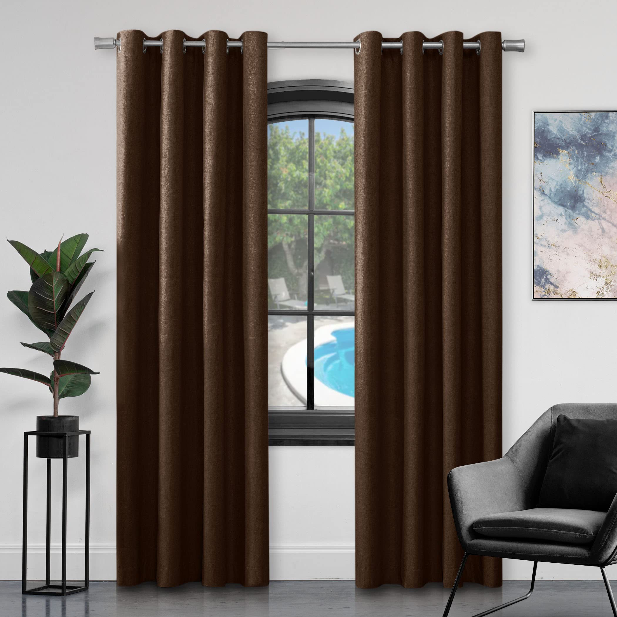 GC GAVENO CAVAILIA Luxury Faux Silk Curtains Eyelet Top Fully Lined Ring Top Curtain Pairs With Two Tie Backs, Choco, 66X54 Inch