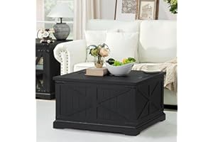 Joaxswe Farmhouse Coffee Table with Large Hidden Storage Compartment, Rustic Black Square Center Table, Wood Low Farm House Modern Living Room Tables with Hinged Lift Top & Wooden Arc Base