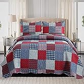 Ycosy Plaid Quilt Set King Size Country Patchwork Bedding Set Lightweight Reversible Bedspread Coverlet Set Red Blue Pliad Quilts Soft Home Collections with 2 Pillow Shams