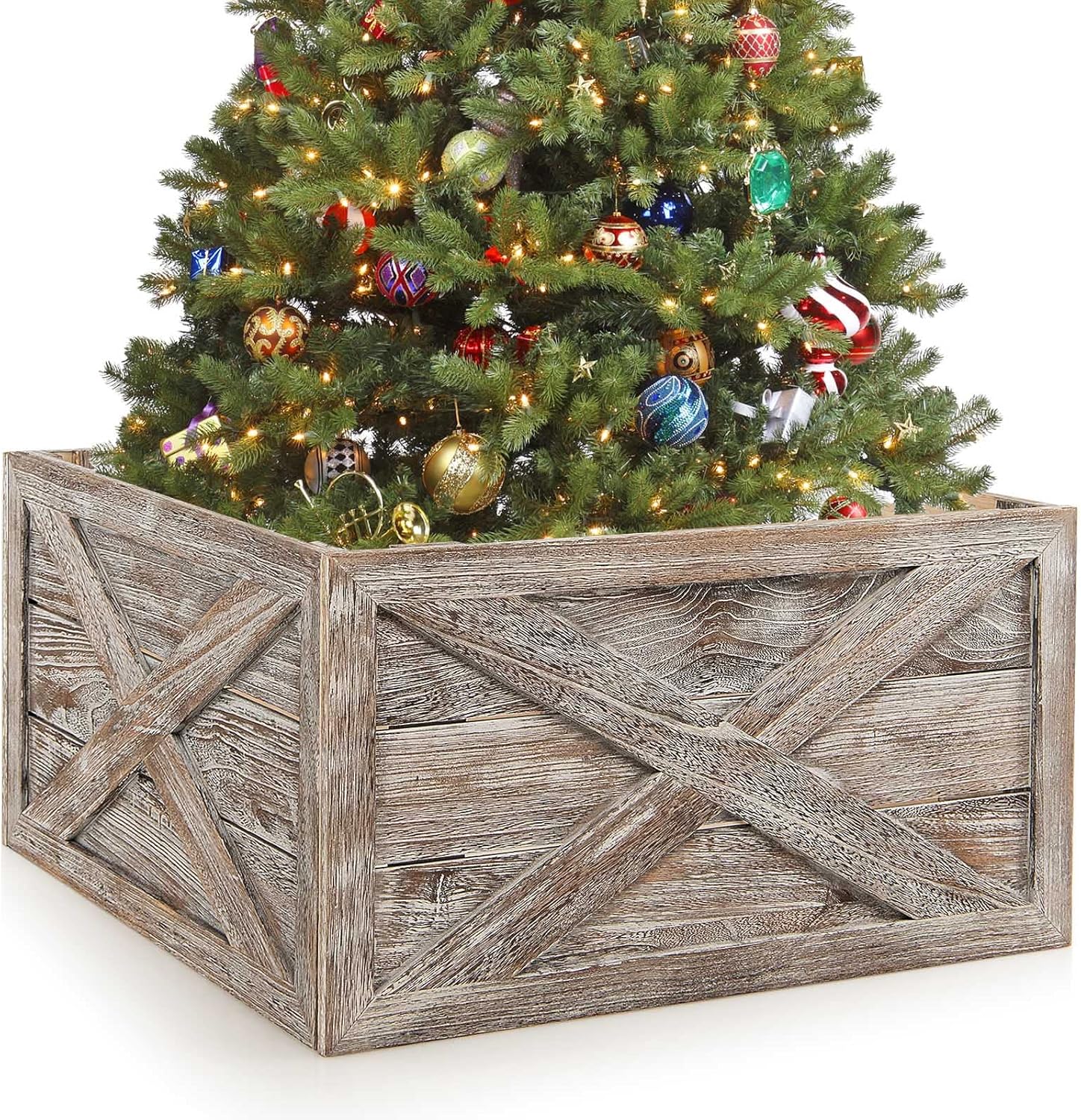 Tree Stands - GOFLAME 28.5” L Wooden Christmas Tree Collar Box, White Wash Vintage Tree Box Stand Cover with Hook & Loop Fastener, Christmas Tree Skirt Box, Farmhouse Rustic Christmas Tree Base Collar, Grey