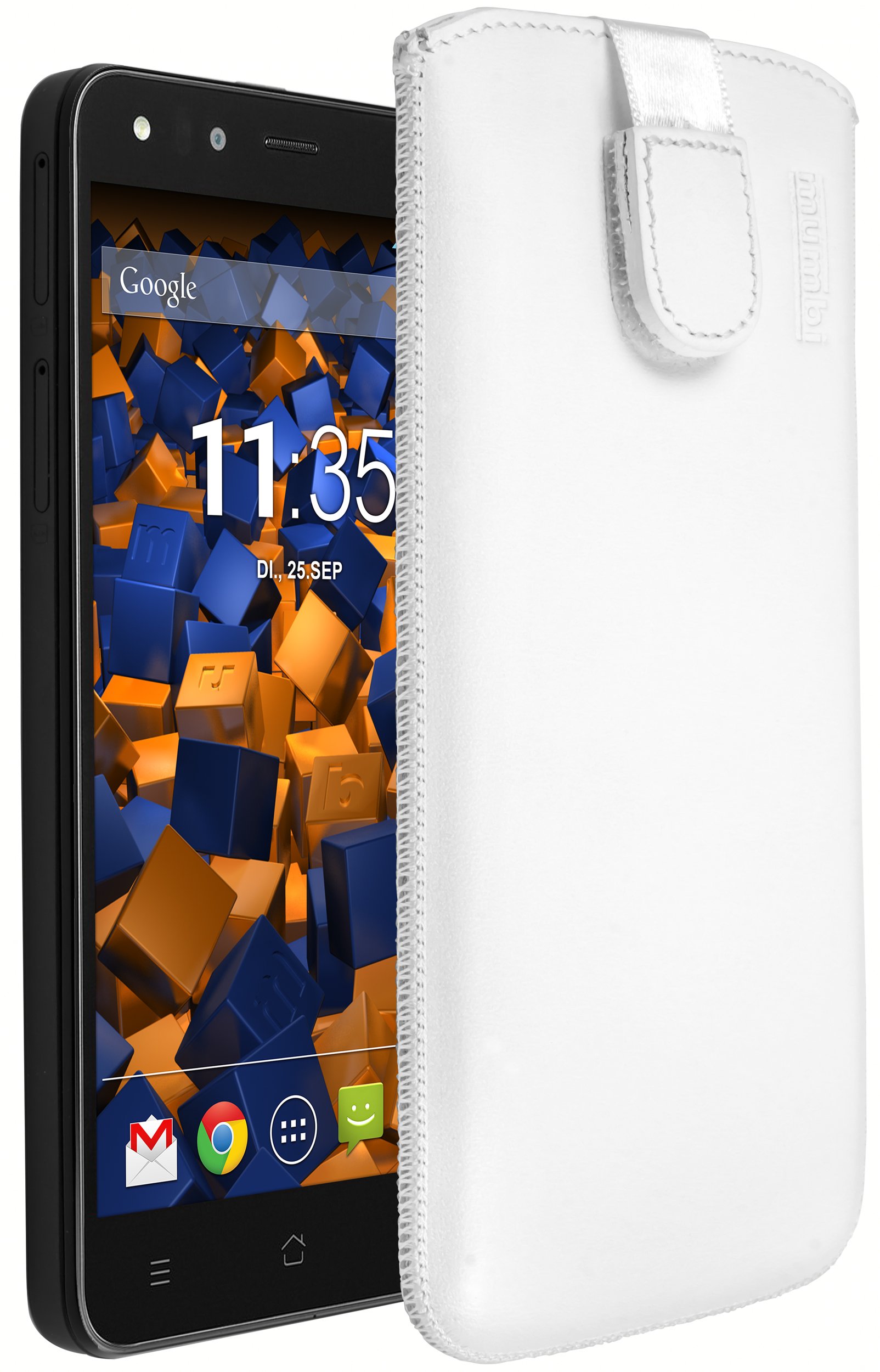 mumbi Genuine Leather Case with Flap and Pull-Up Strap for Medion Life x5001 White