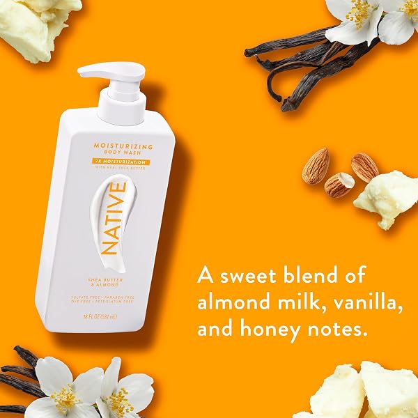 NATIVE MOISTURIZING BODY WASH CONTAINS NATURALLY DERIVED INGREDIENTS | FOR WOMEN & MEN, SULFATE, PARABEN, & DYE FREE LEAVING SKIN SOFT AND HYDRATED | SHEA BUTTER & ALMOND 18 OZ