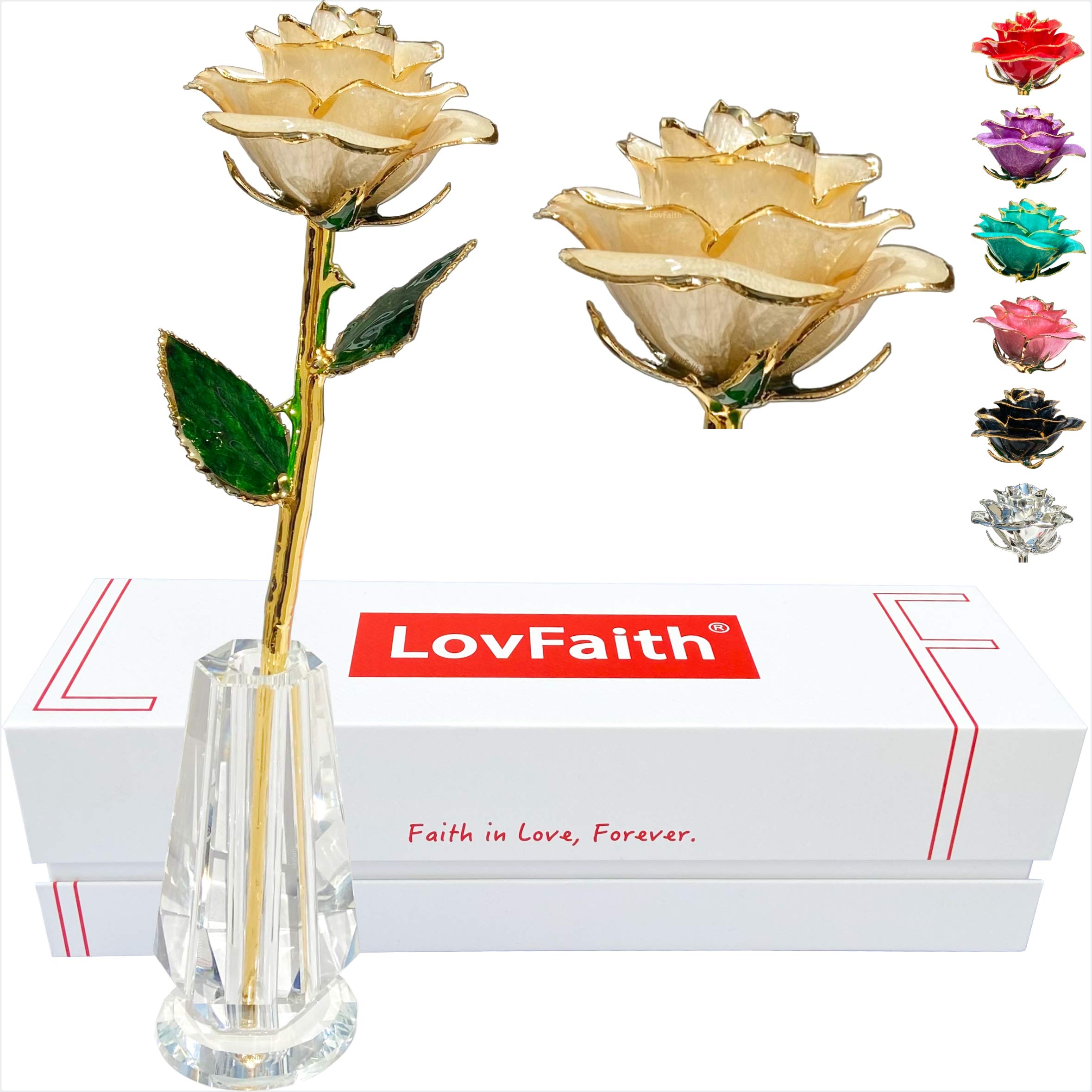 LovFaith Valentine Gift Real Rose Dipped 24K Gold with Crystal Stand, Best Anniversary Rose Gift for Her Wife Mother Birthday Christmas (C71. Ivory -Thick Gold Blooming)