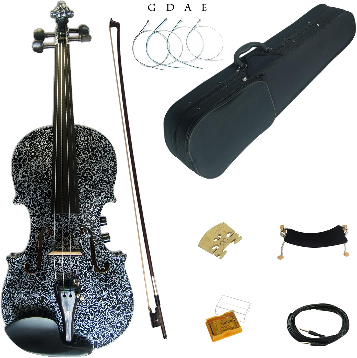 Kinglos 4/4 Black Flowers Colored Solid Wood Acoustic/Electric Violin