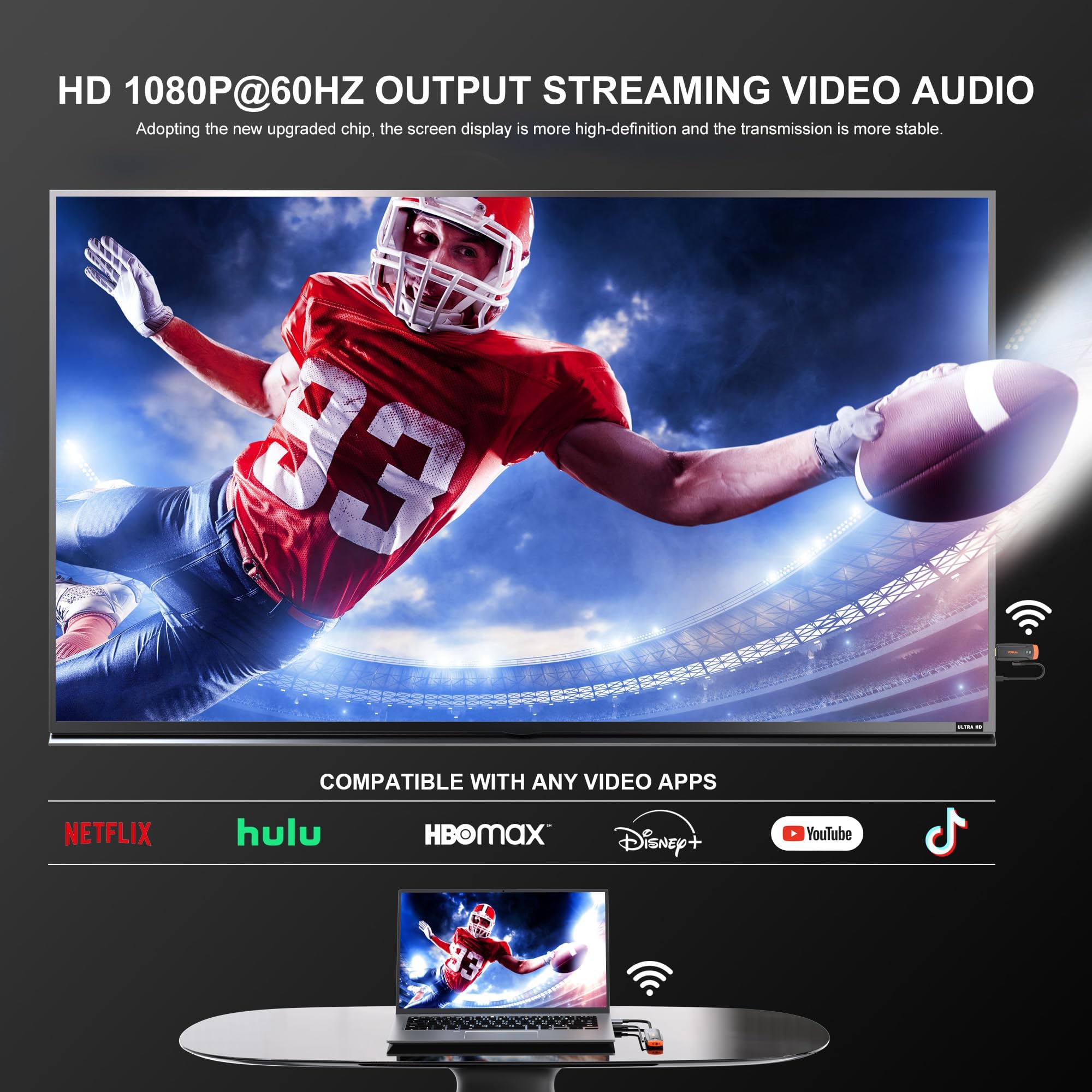 Wireless HDMI Transmitter and Receiver 4K 196ft/60m, VCOLink Wireless Hdmi Adapter Decode 1080P Output, Plug & Play 5G HD Extender for Streaming Video Audio to Monitor from Laptop PC Camera TV Box