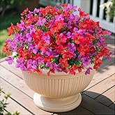 Artificial Faux Plants Flowers Outdoor Spring Summer Decoration, 12 Bundles Fake Silk Colorful Daisy Eucalyptus Realistic UV Resistant for Outside Home Planter Porch Patio Yard Decor (Red Purple)
