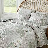 Boryard Full Queen Size Quilt Set, 3-Piece Lightweight Soft Full Size Quilt Patchwork Bedspread Coverlet (90x90 inches) Bedding Set with 2 Pillow Shams, Gray Green Plaid Floral Print