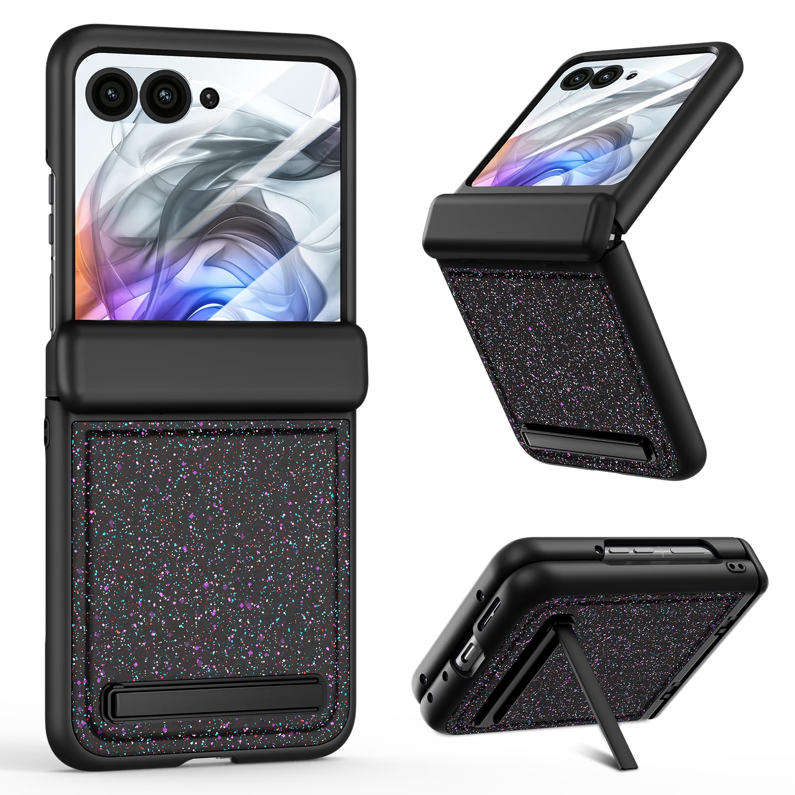 VEGO Case for Motorola Razr 2025/ Razr 2024, [Hinge Protection] [Built-in Kickstand] [Built-in Screen Protector] Bling Sparkle Glitter Shiny Girly Women Slim Cover for Moto Razr 2025 - Glitter Black