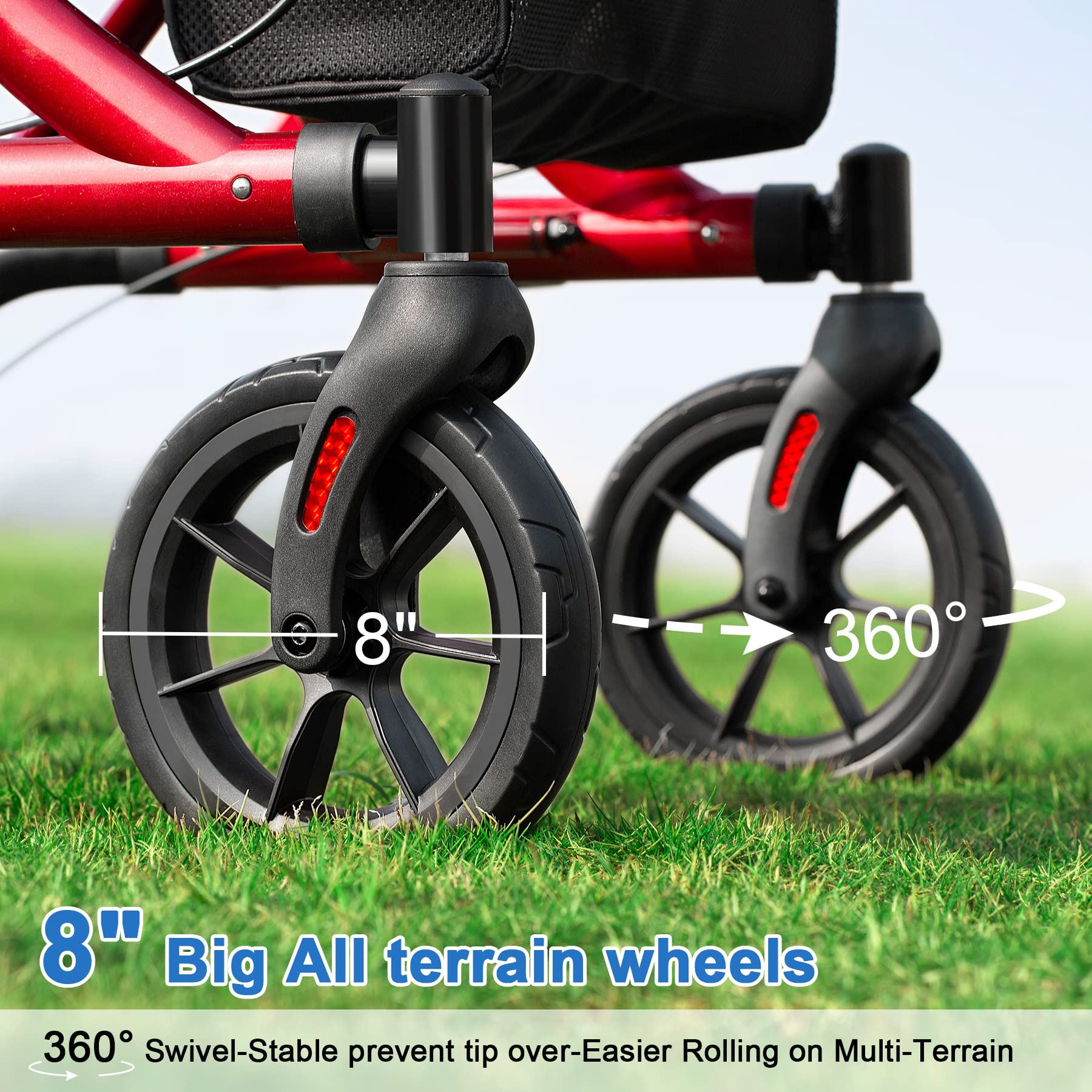 WALK MATE Rollator Walker for Seniors with Cup Holder, Upgraded Thumb Press Button for Height Adjustment, 4 x 8 Wheels Walker with Seat Padded Backrest Folding Lightweight Walking Aid, Red