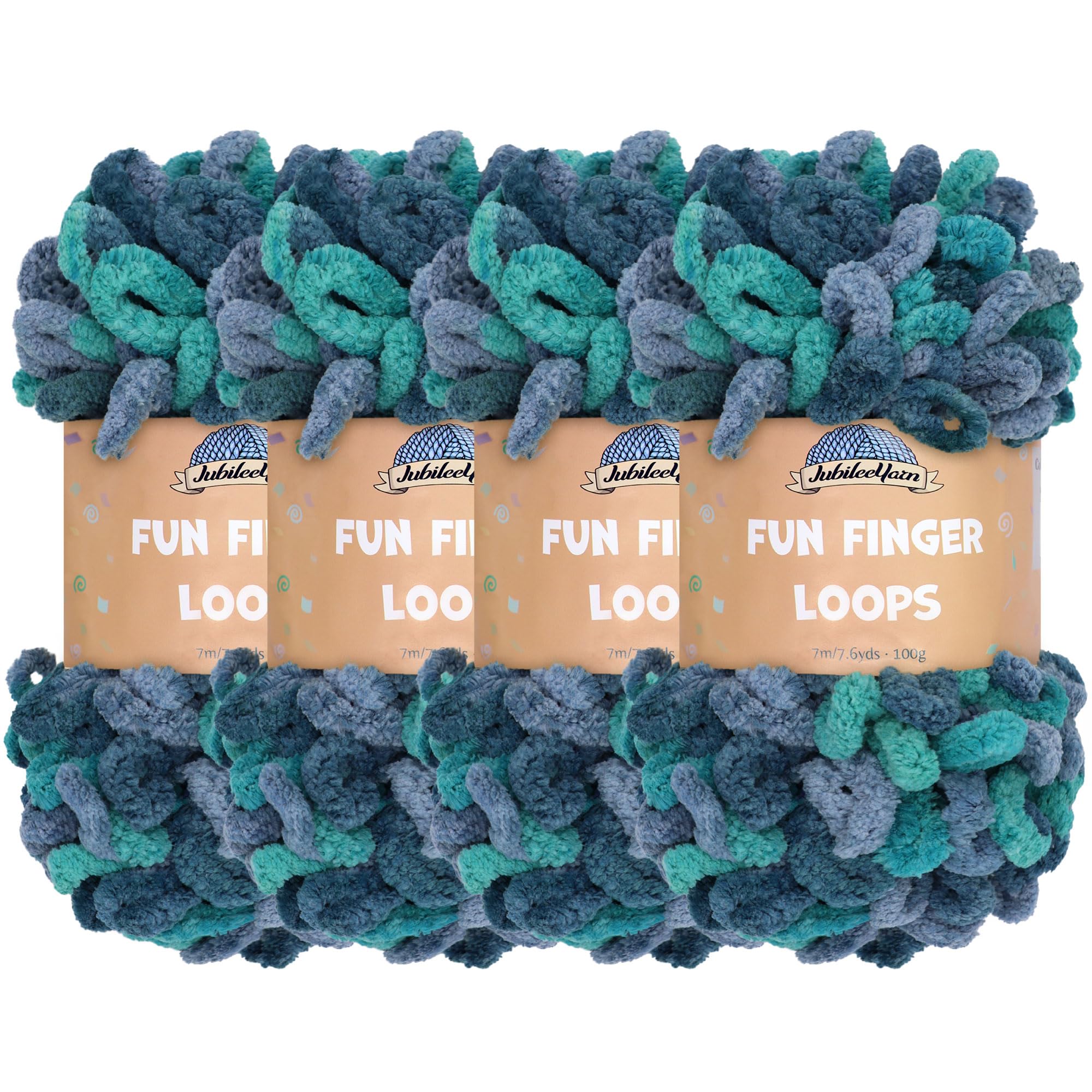 JubileeYarn Fun Finger Loops Yarn - Polyester Jumbo Weight Loop Yarn - 100g/Skein - Poseidon - 4 Skeins