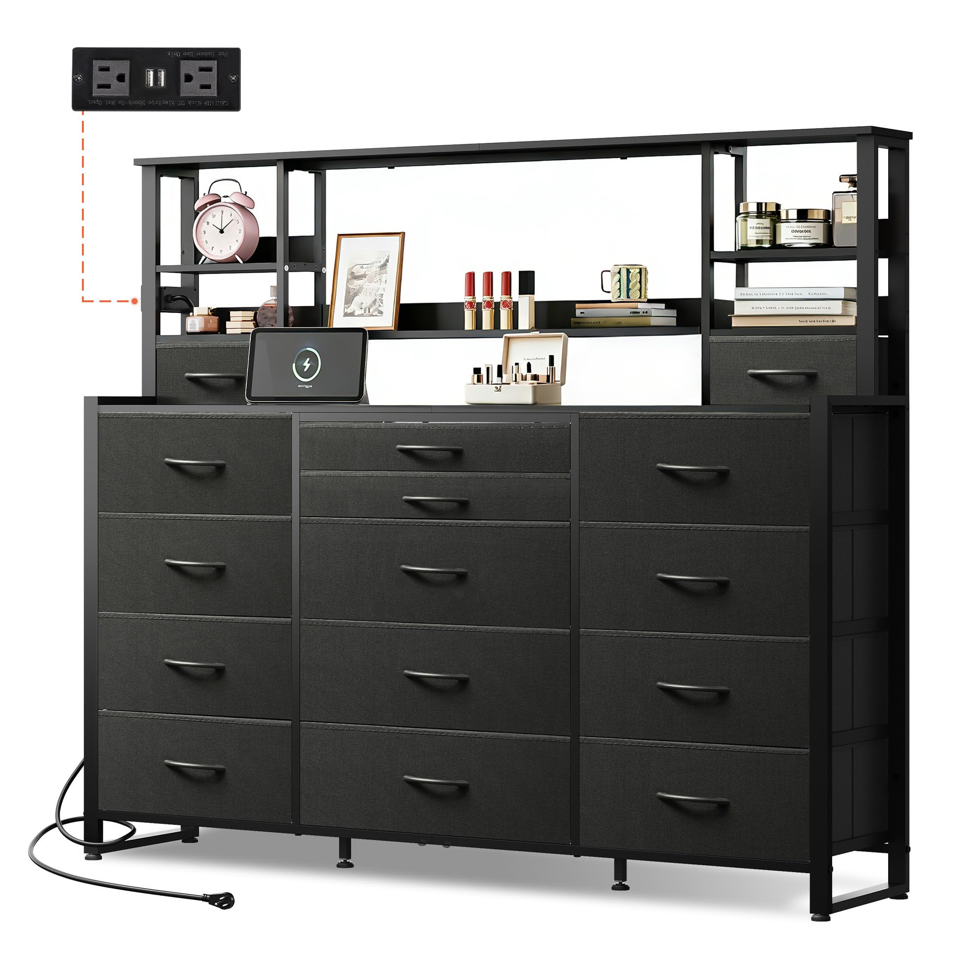 GALAXHERO Tall Console Table with 15 Fabric Drawer & 5 Open Shelves, Tall Storage Organizer with Charging Station, Storage Tower Organizaton for Living Room, Hallway, Office, Black