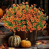 16 Bundles Artificial Mums Fall Flowers for Outdoors, Faux Fake Mums for Outdoor Planters Autumn Decorations,UV Resistant Silk Flowers for Front Porch Patio Home Decor (16, Orange)