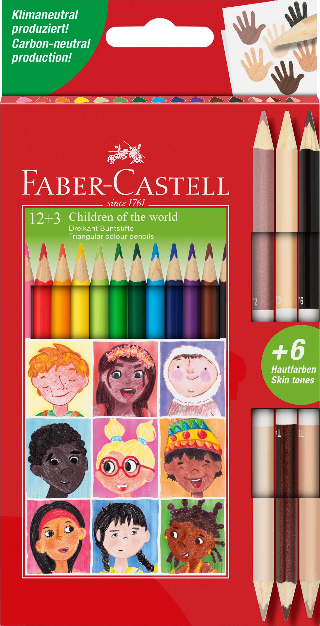 Faber-Castell Triangular Colour Pencil Set - 12 Colours + 3 Bi-Colour Skintone Pencils